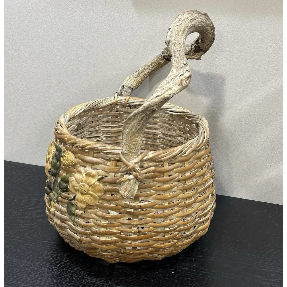 Vintage Wicker Basket Twig Handle 3D Yellow Flower Boho Cottagecore Gathering